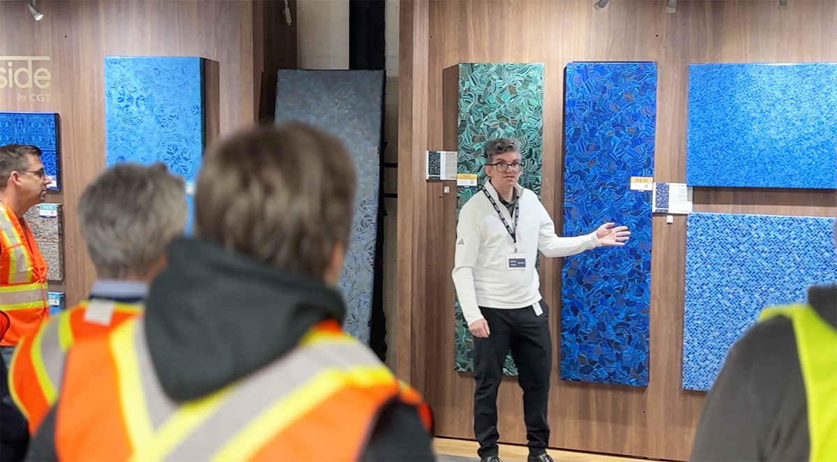 Designer presenting new pool liner designs